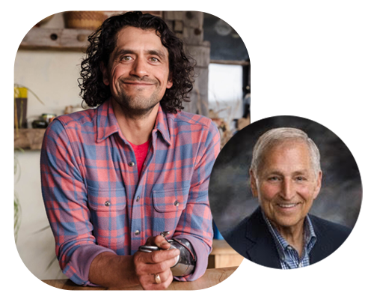 Two men are shown: one with curly dark hair wearing a plaid shirt, smiling and leaning on a surface, and an older man with gray hair wearing a suit jacket, smiling in a portrait photo.