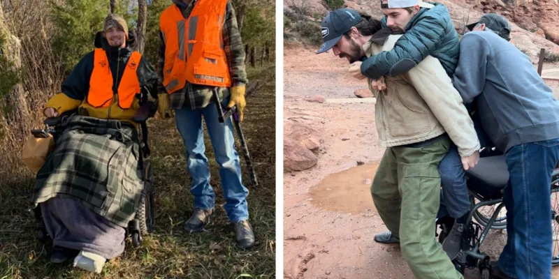 Two photos side by side: On the left, a smiling person in a wheelchair, covered in blankets, sits outdoors beside a person in orange hunting gear. On the right, two men assist another out of a wheelchair on a rocky terrain.