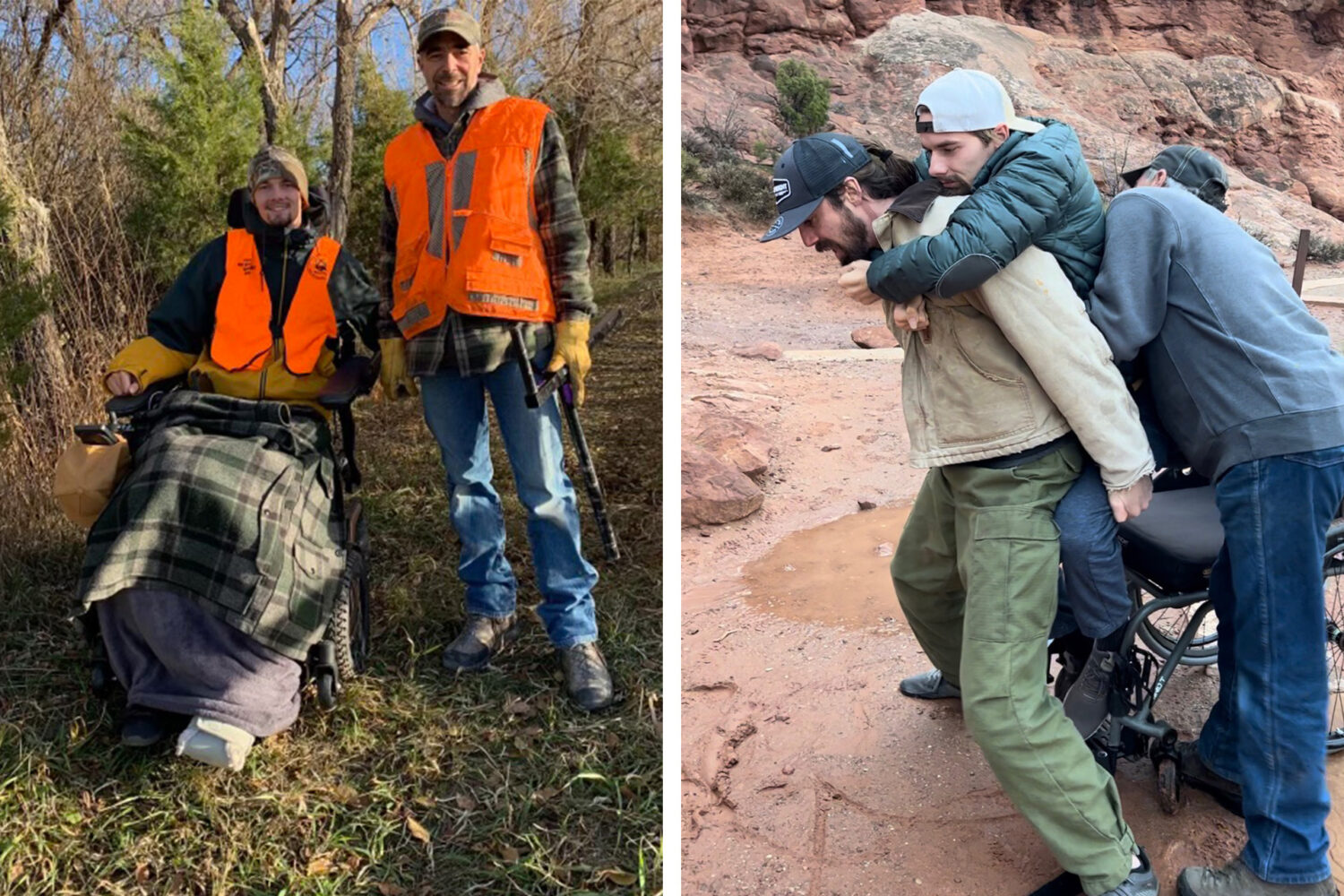 Two photos side by side: On the left, a smiling person in a wheelchair, covered in blankets, sits outdoors beside a person in orange hunting gear. On the right, two men assist another out of a wheelchair on a rocky terrain.