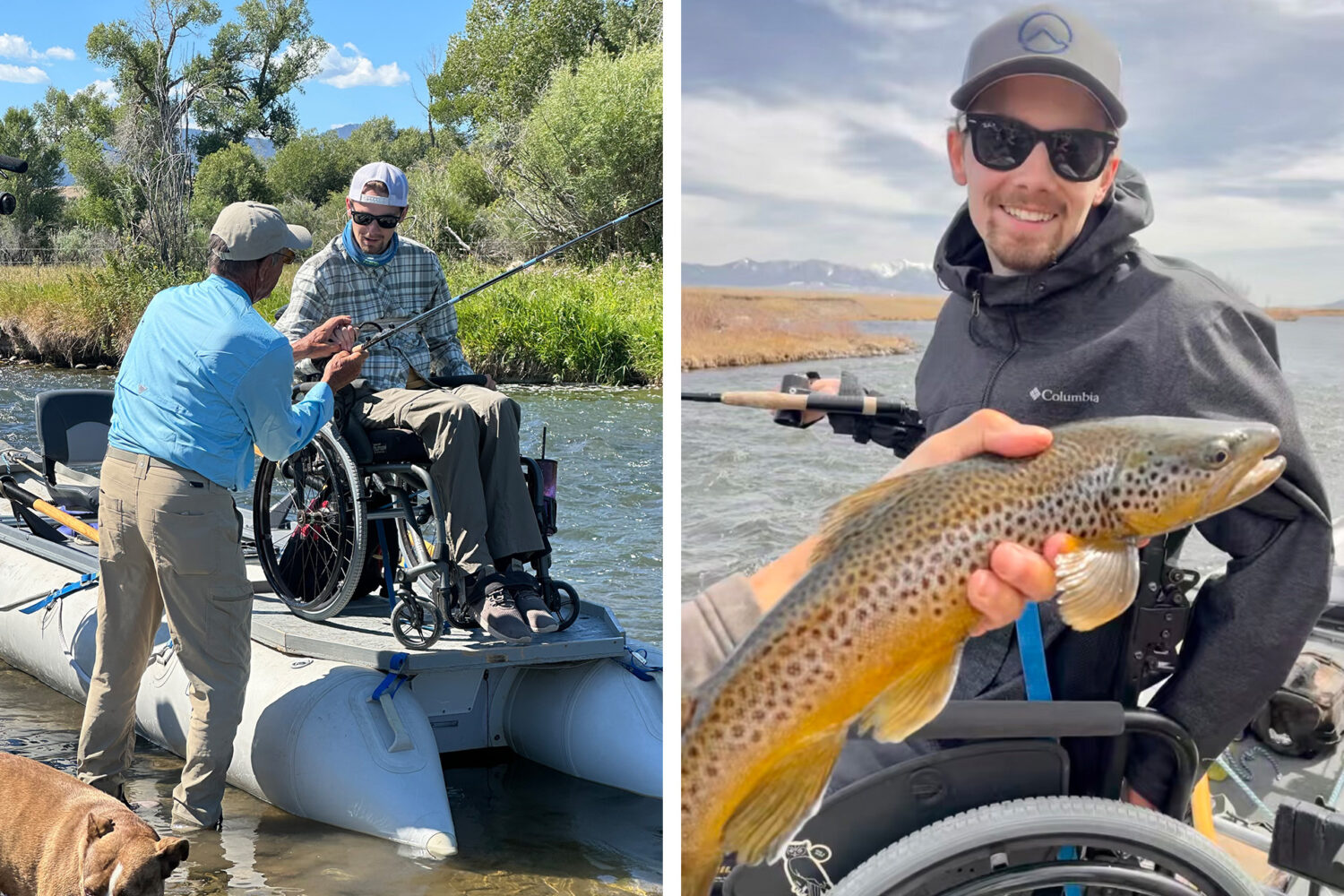 Two photos: Left, a man in a wheelchair on a boat is handed a fishing rod by another man. Right, a smiling man in a wheelchair holds a large brown trout, with water and mountains in the background.