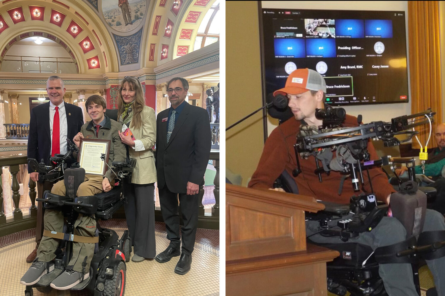 Left: Four people, including a young man in a wheelchair holding a certificate, pose in a grand building. Right: The same young man in a wheelchair speaks at a podium with adaptive equipment.