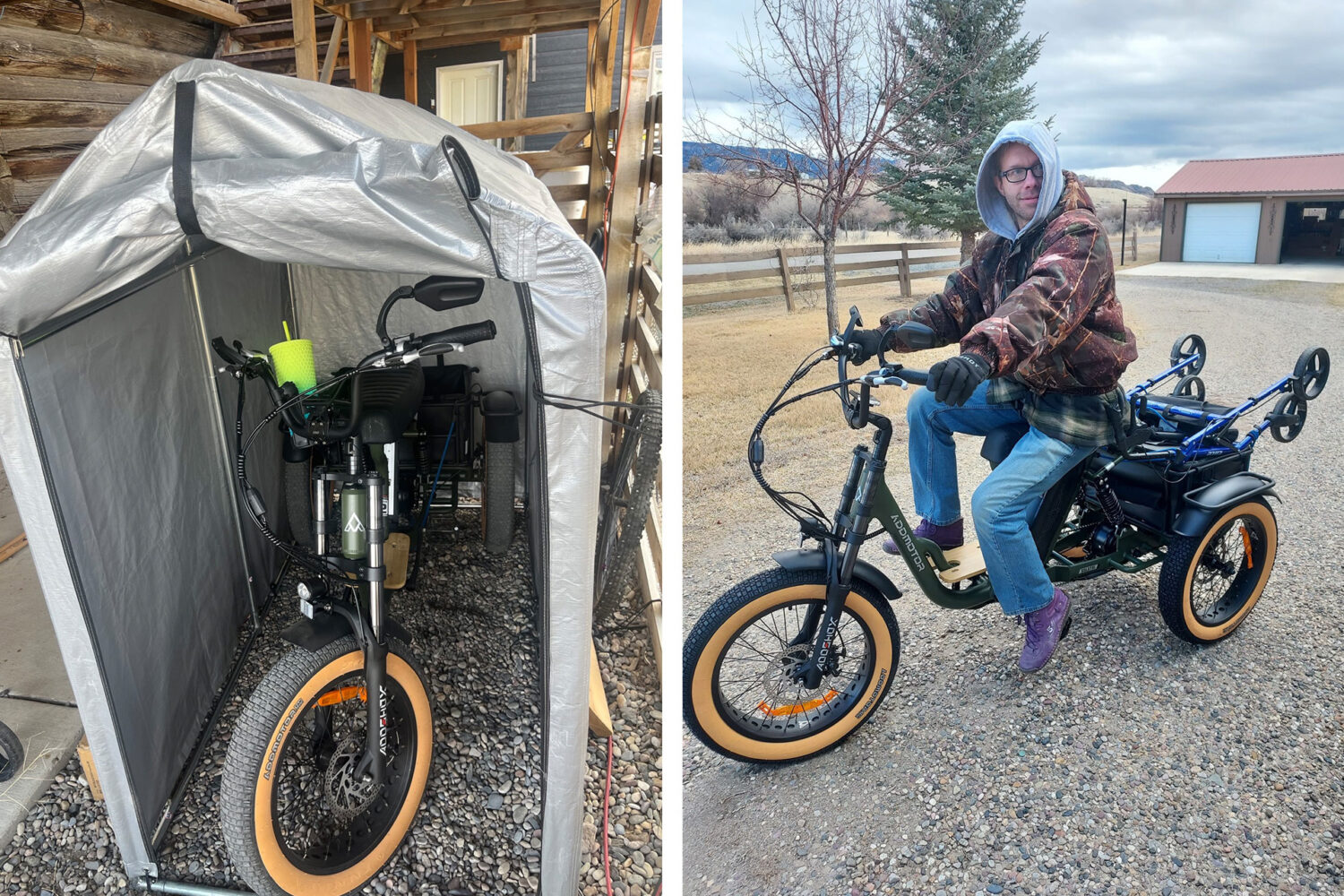 Left: An electric bike with tan tires is parked inside a small outdoor storage tent. Right: A person in a camouflage jacket and purple shoes sits on the same electric bike outside, with a wheelchair mounted on the back.