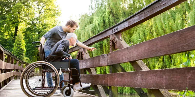 A young man stands behind an older man in a wheelchair on a wooden bridge, both looking and pointing toward something below, surrounded by lush green trees.