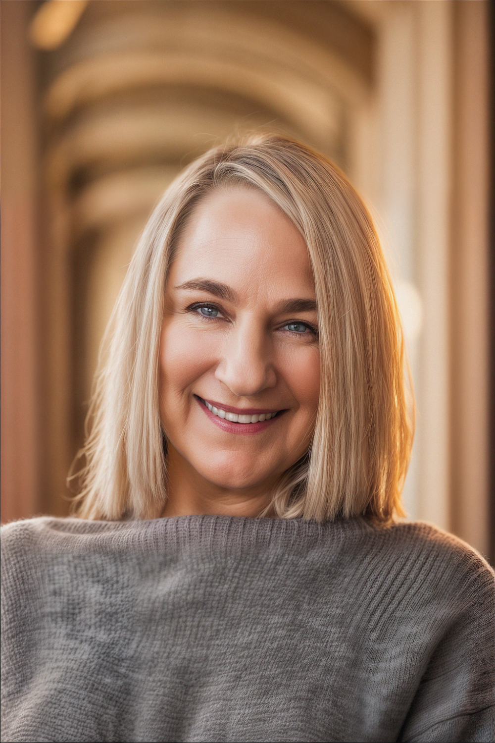 A person with shoulder-length blonde hair is smiling and wearing a grey sweater. The background is softly blurred, highlighting the arched hallway.