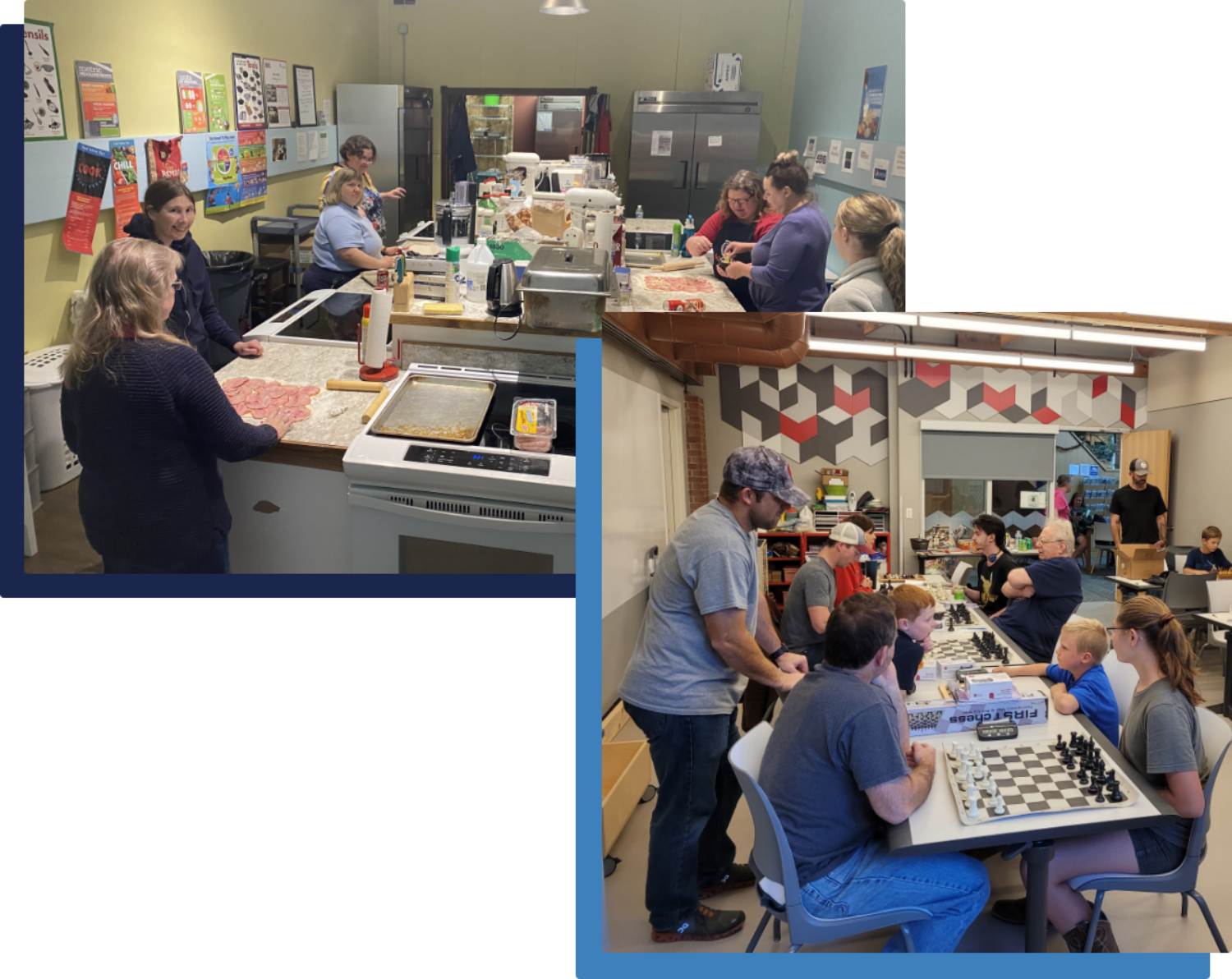 Collage of two images: People preparing food in a kitchen and a group playing chess in a classroom.