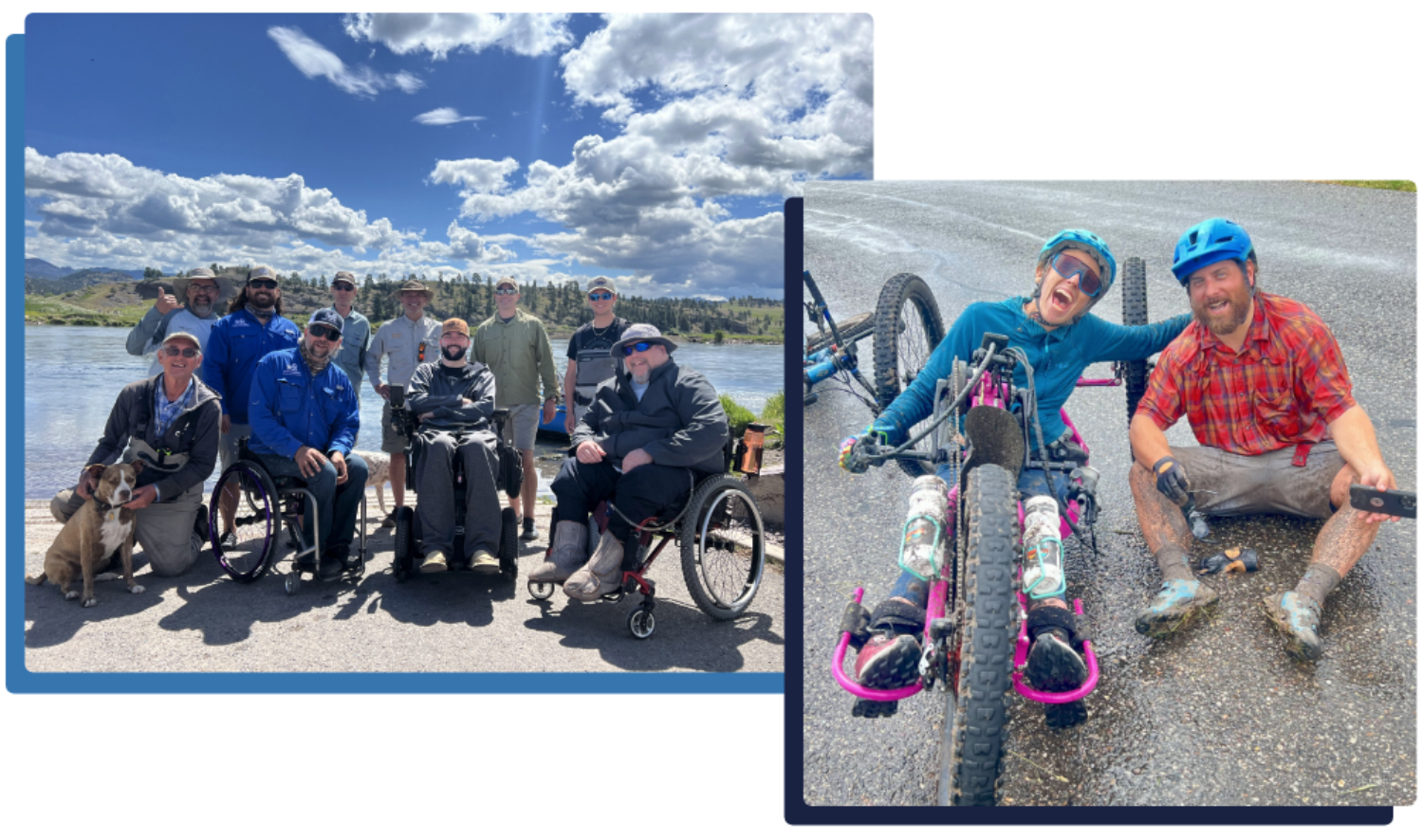 Group of people, some in wheelchairs, smiling by a river. Adjacent image shows two people, one on a handcycle, both muddy and happy.