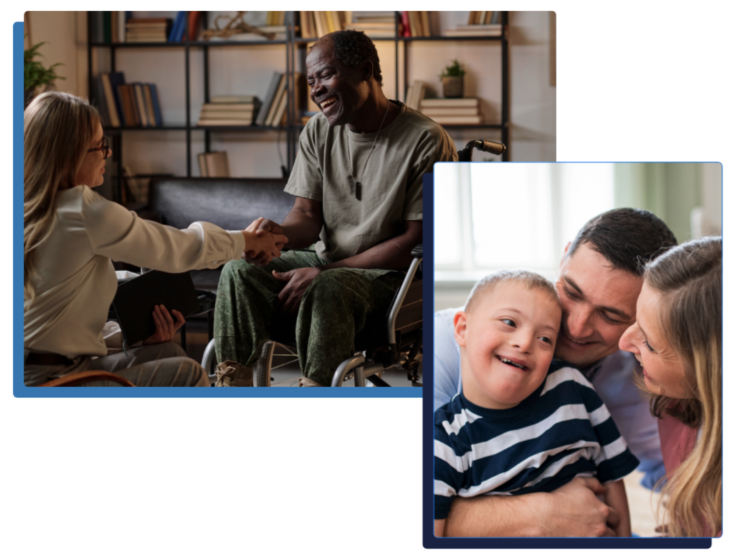 A woman shakes hands with a man sitting in a wheelchair. In a separate image, a smiling child with Down syndrome is embraced by an adult man and woman.