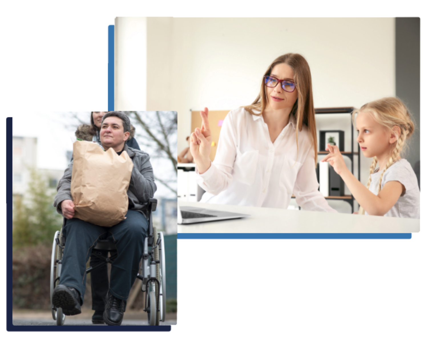 A man in a wheelchair holds a paper bag. A woman and a young girl sit at a table, both gesturing with their hands.