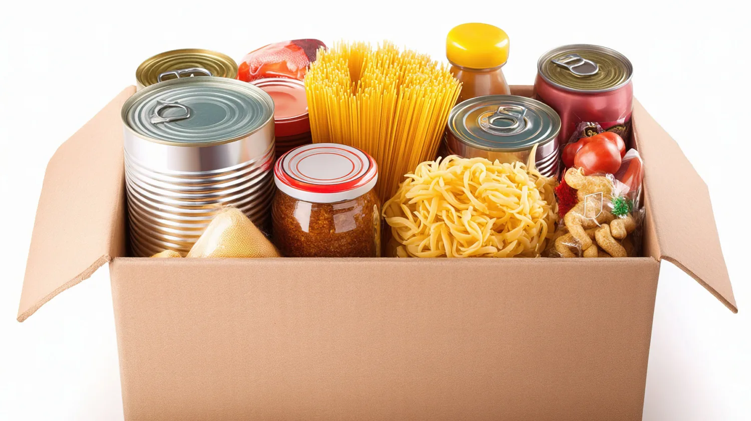 A cardboard box filled with various food items, including canned goods, jars, dry pasta, a bottle, and packaged groceries.