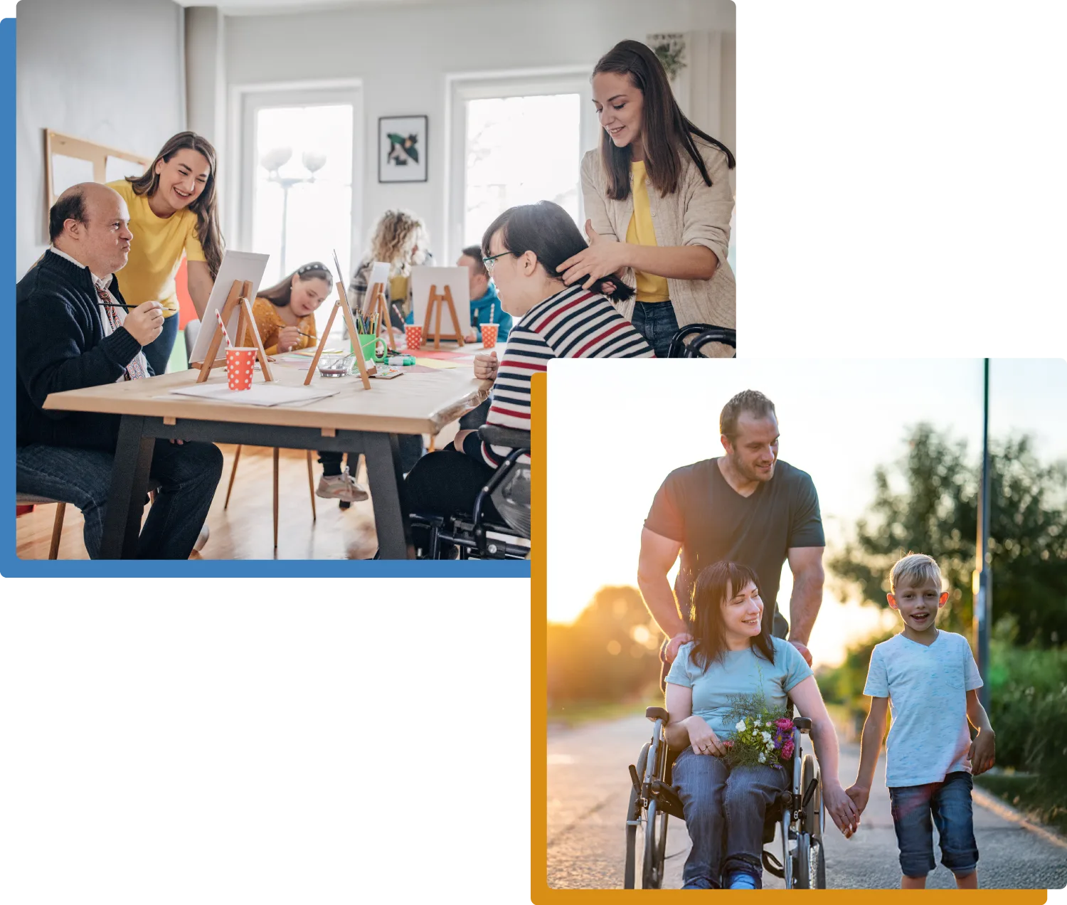 Two photos: One shows a group of people, including individuals with disabilities, painting together indoors. The other shows a man pushing a girl in a wheelchair outdoors, holding hands with a young boy.