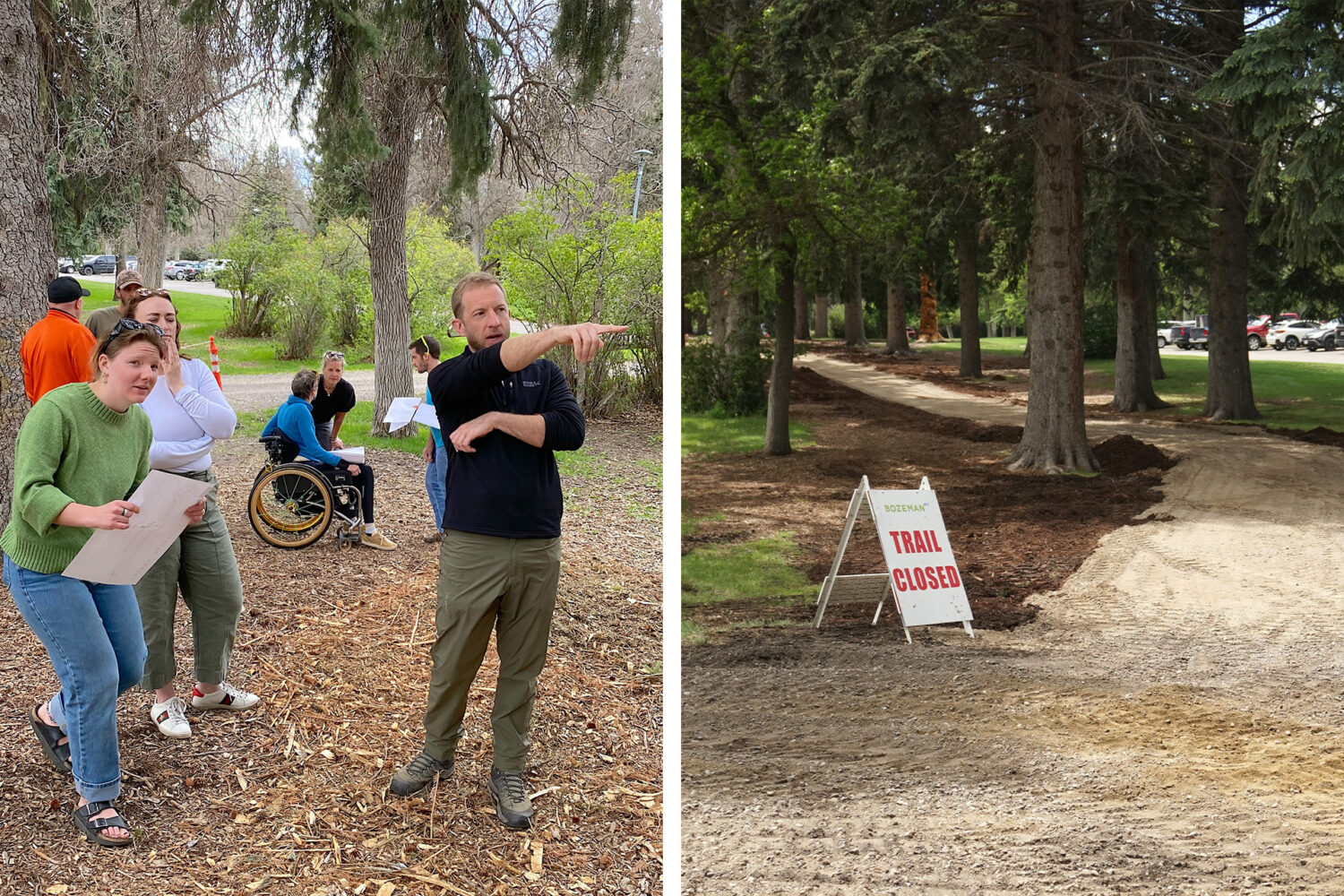 Two photos: On the left, a group of people, including a wheelchair user, discuss plans in a wooded park. On the right, a dirt path with a “Trail Closed” sign is under construction among trees.