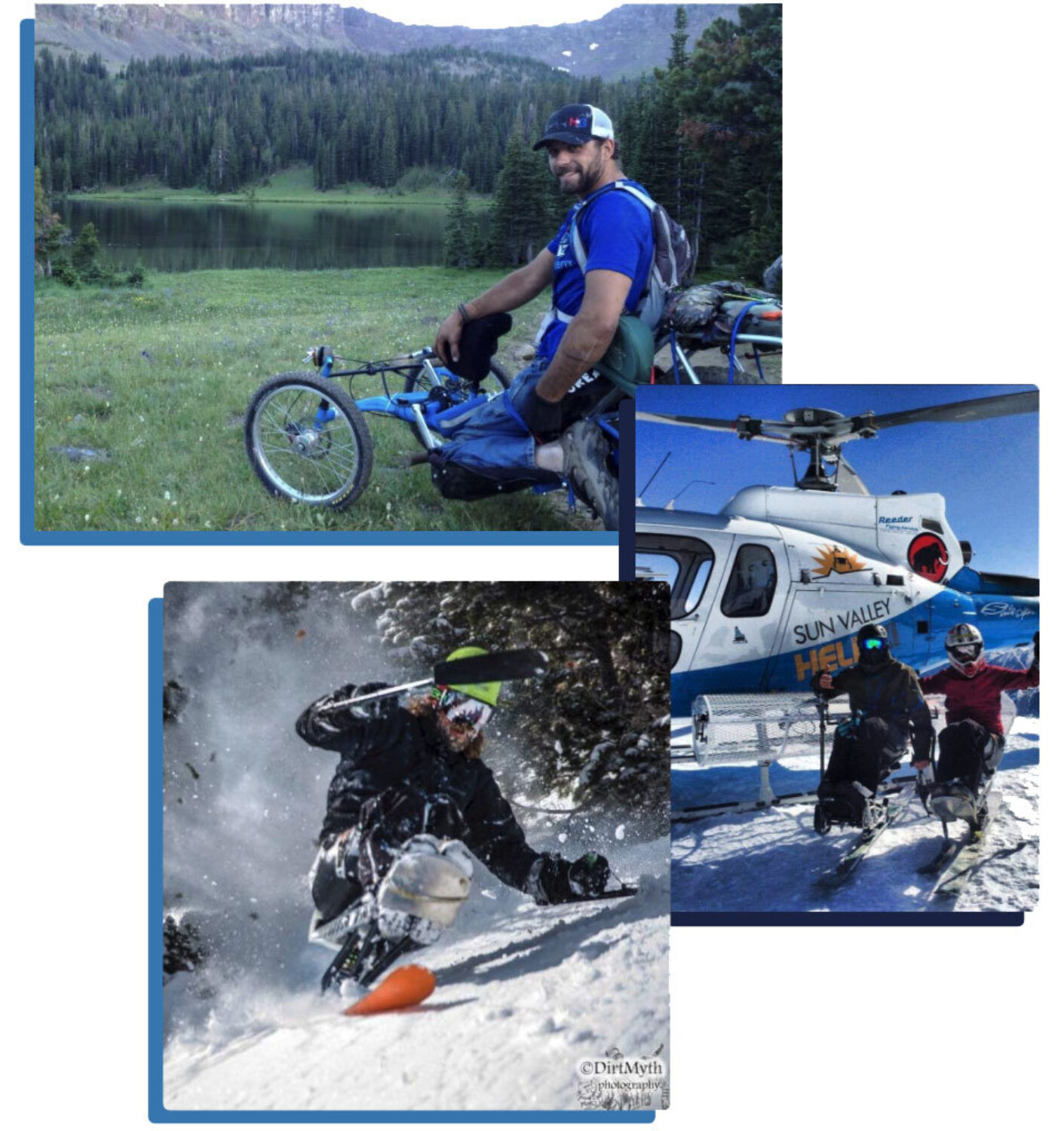 Three images: a person in a wheelchair by a lake, two people skiing with a helicopter in the background, and a skier maneuvering through snow.